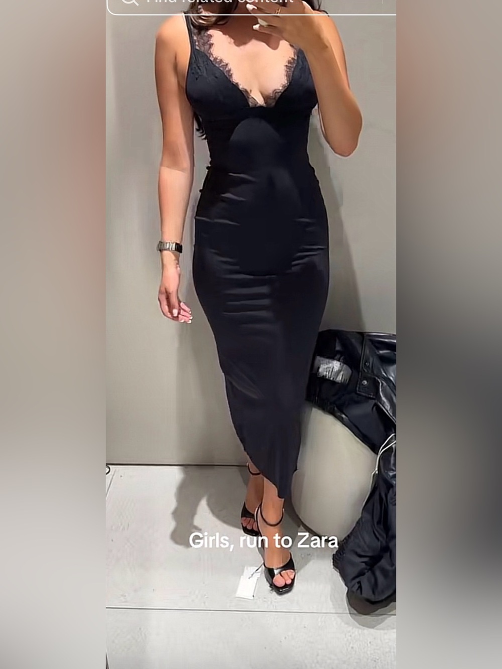 Zara Black Polyamide Lace-Trim Midi Dress